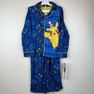 Boys Pokemon Christmas Pajamas Pikachu Blue Two Piece Set- S (6/7) NEW